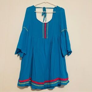 Umgee Blue 3/4 Bell Sleeve Flowy Boho Mini Dress